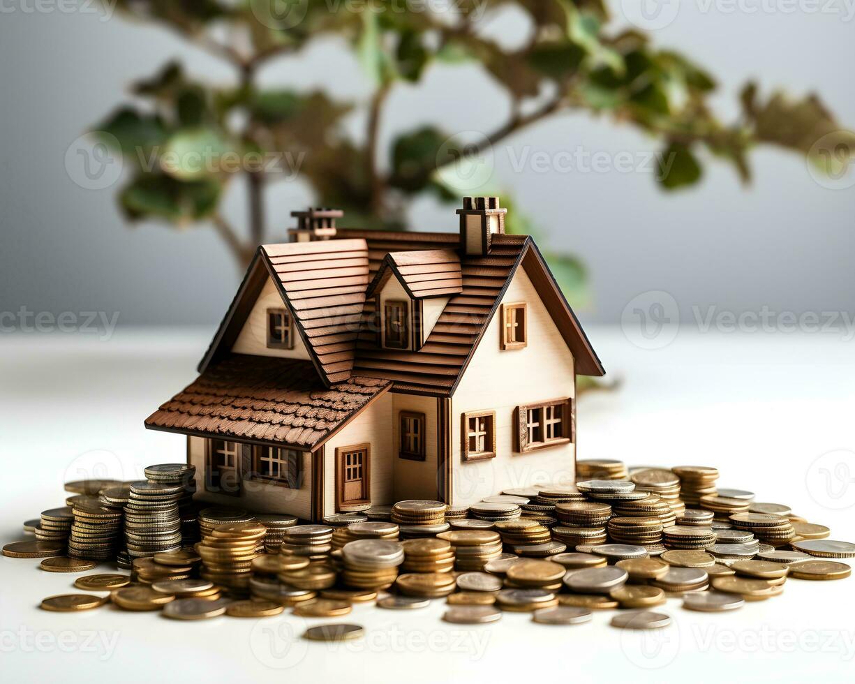 house model and coins on white background. real estate and investment concept. photo