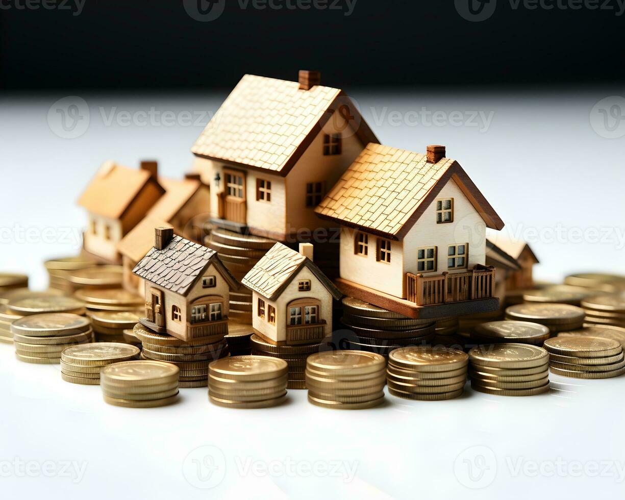 house model and coins on white background. real estate and investment concept. photo