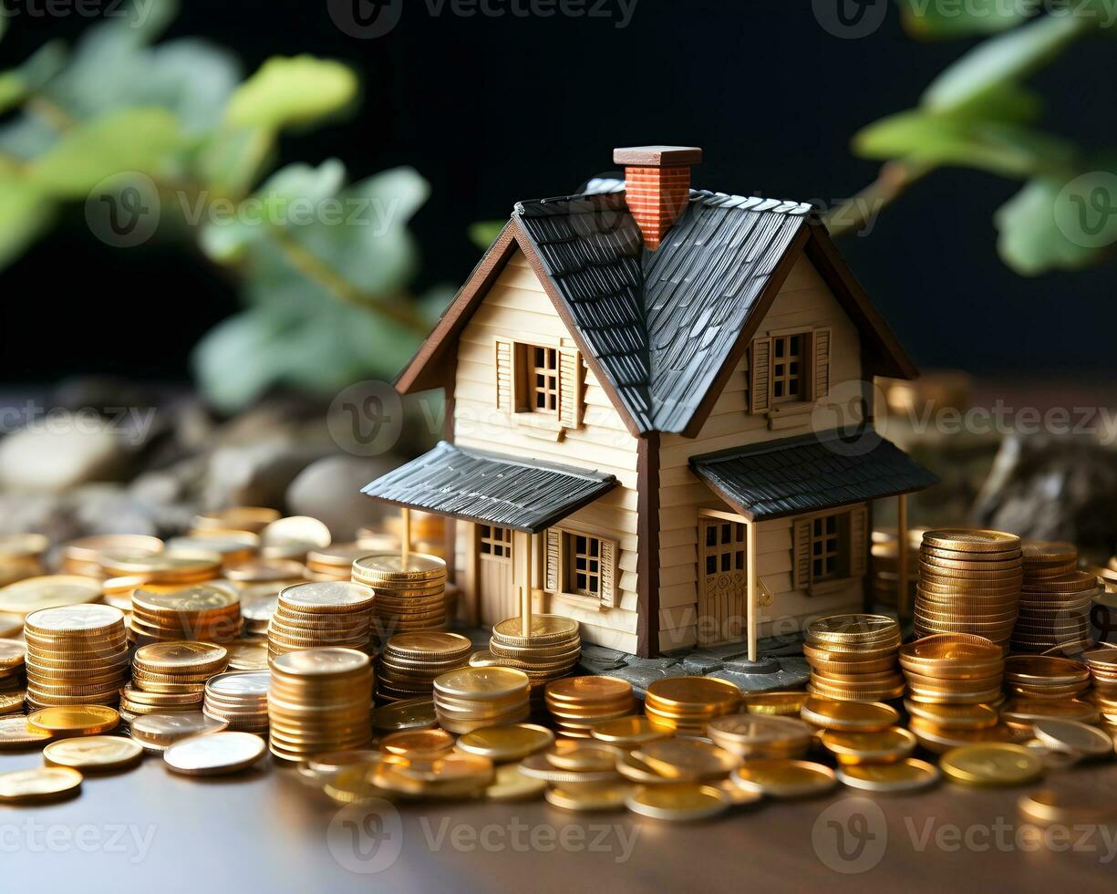 house model and coins on white background. real estate and investment concept. photo