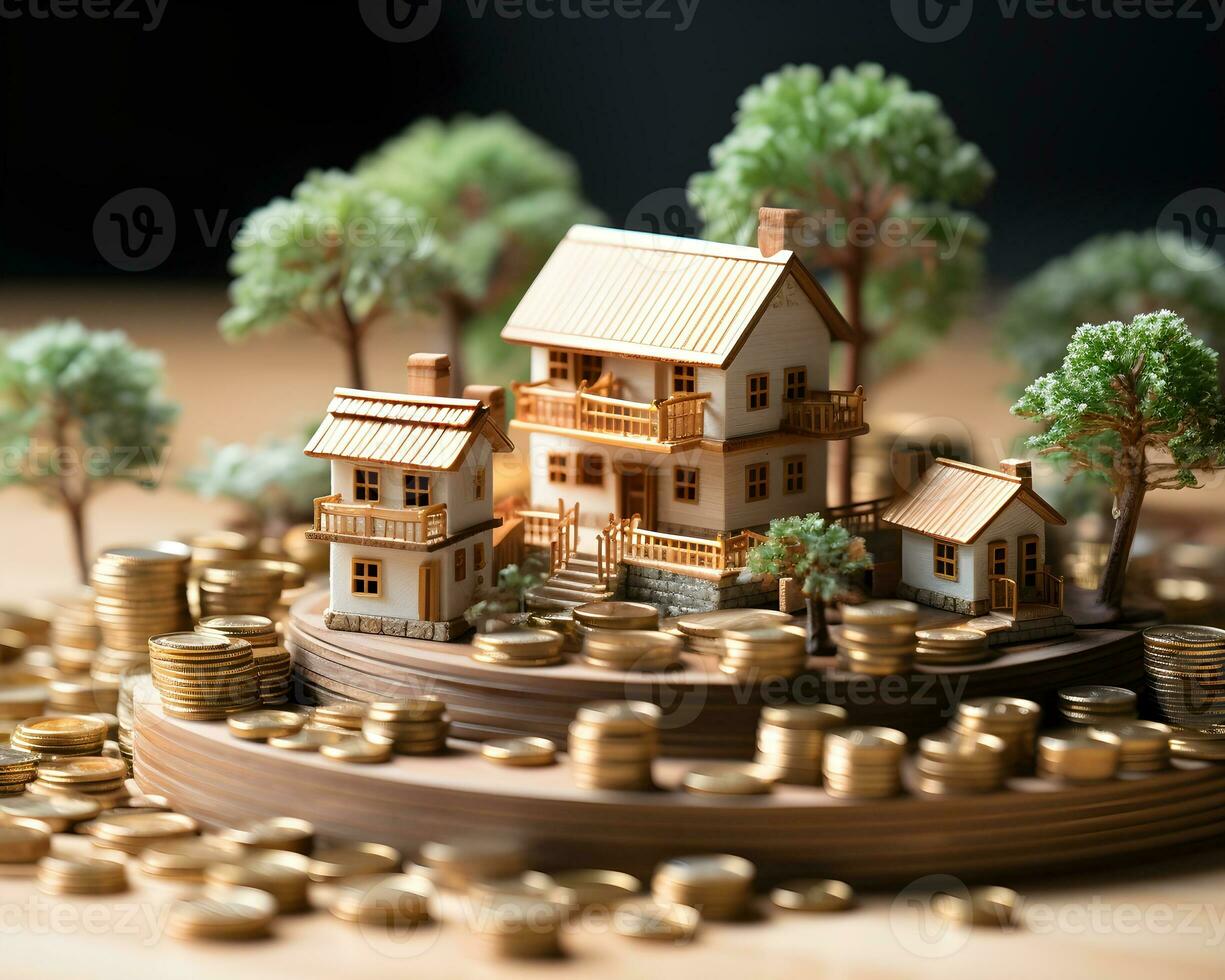 house model and coins on white background. real estate and investment concept. photo