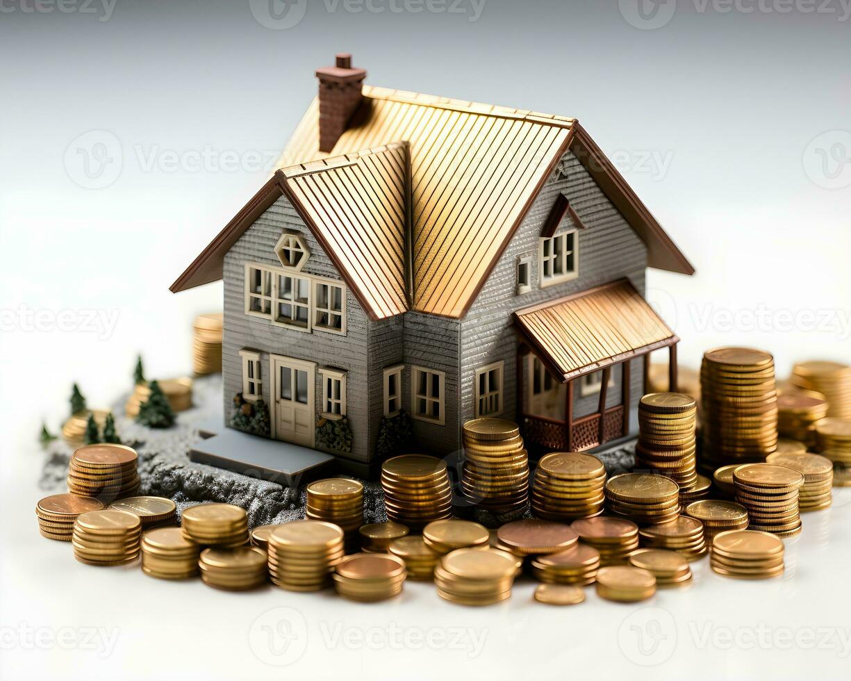 house model and coins on white background. real estate and investment concept. photo