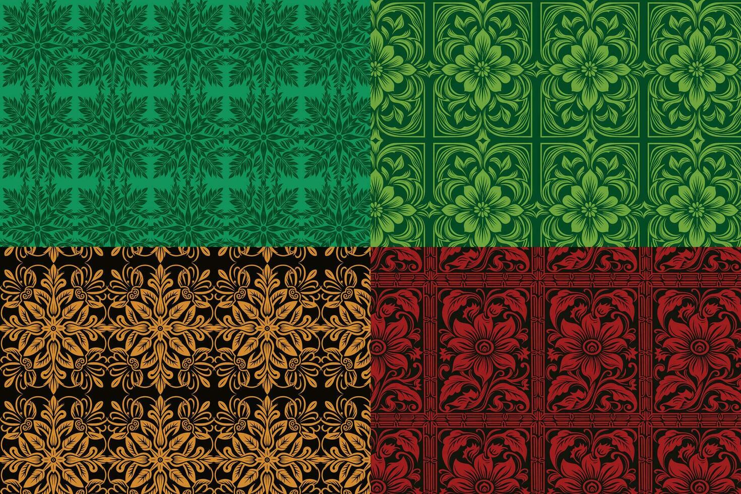 cuatro cuadrado floral y hoja estampado antecedentes en verde, rojo, y oro vector