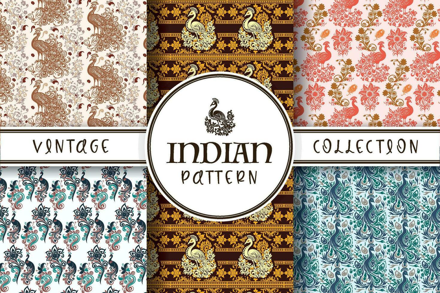 Indian Pattern Collection with Peacock and Floral Designs vector