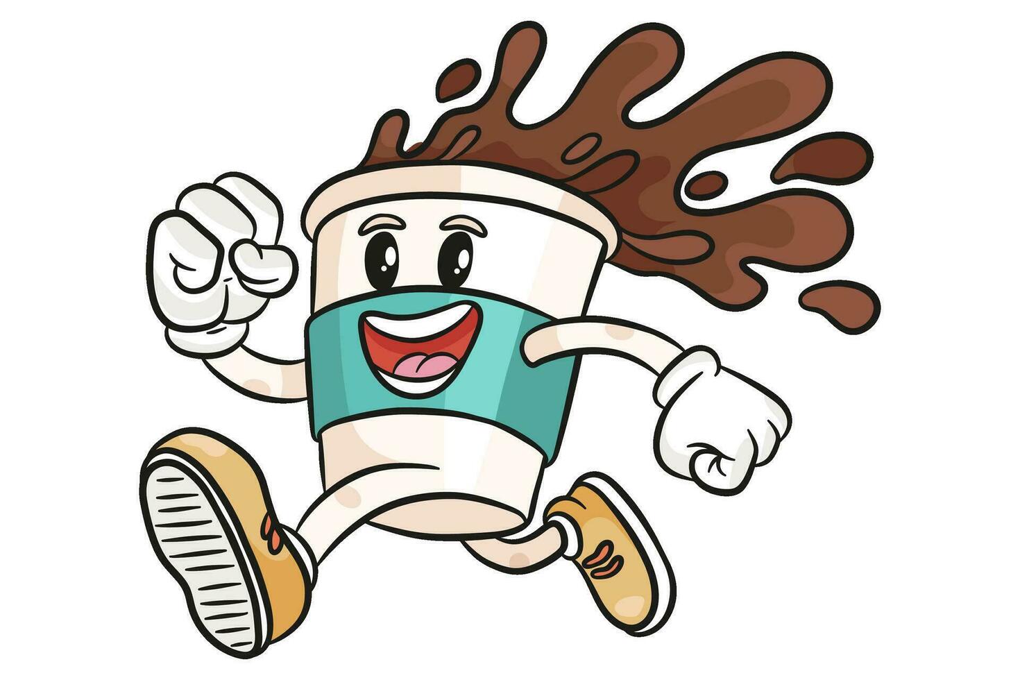 Retro character in groovy style. Cardboard coffee cup in motion, running. Coffee splashes from a cup. Mascot. Cartoon coffee to go character vector