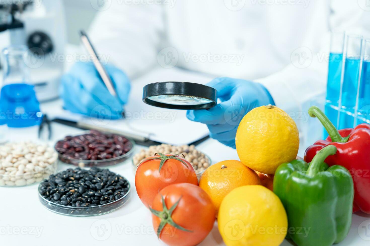 Scientist check chemical food residues in laboratory. Control experts inspect the concentration of chemical residues. hazards, ROHs standard, find prohibited substances, contaminate, Microbiologist photo