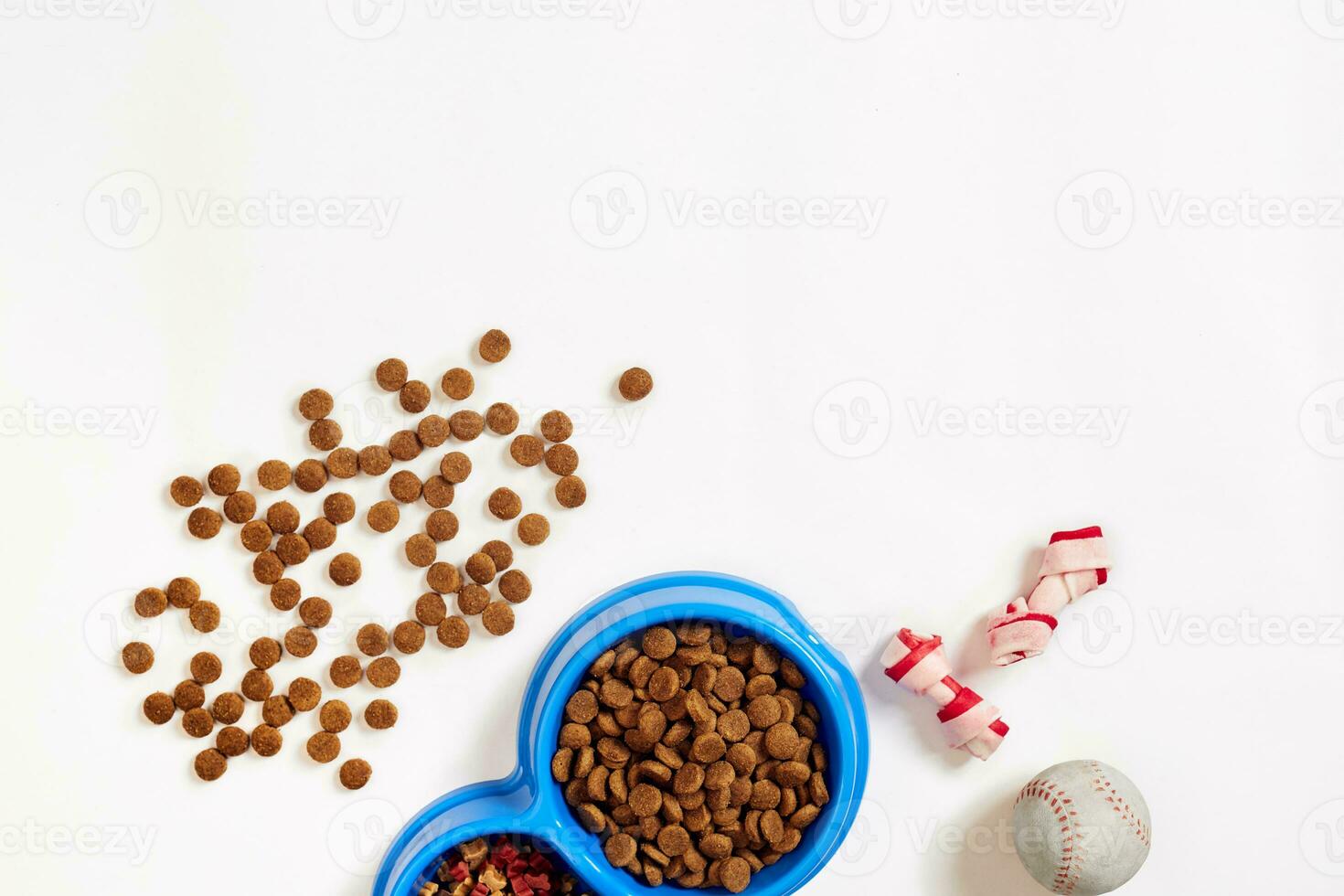 Dry pet food in bowl and toys for dogs on white background top view photo