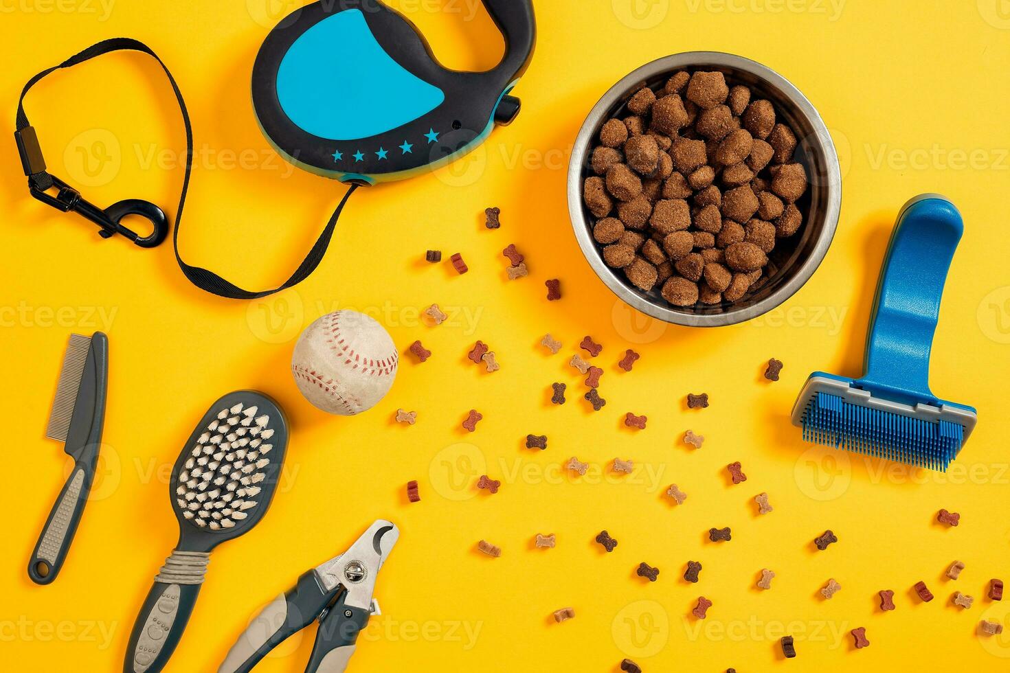 Dog accessories on yellow background. Top view. Pets and animals concept photo