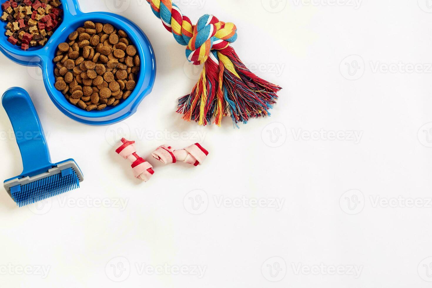 Dog care items, isolated on white background. Dry pet food in bowl, toy and bones. Top view photo