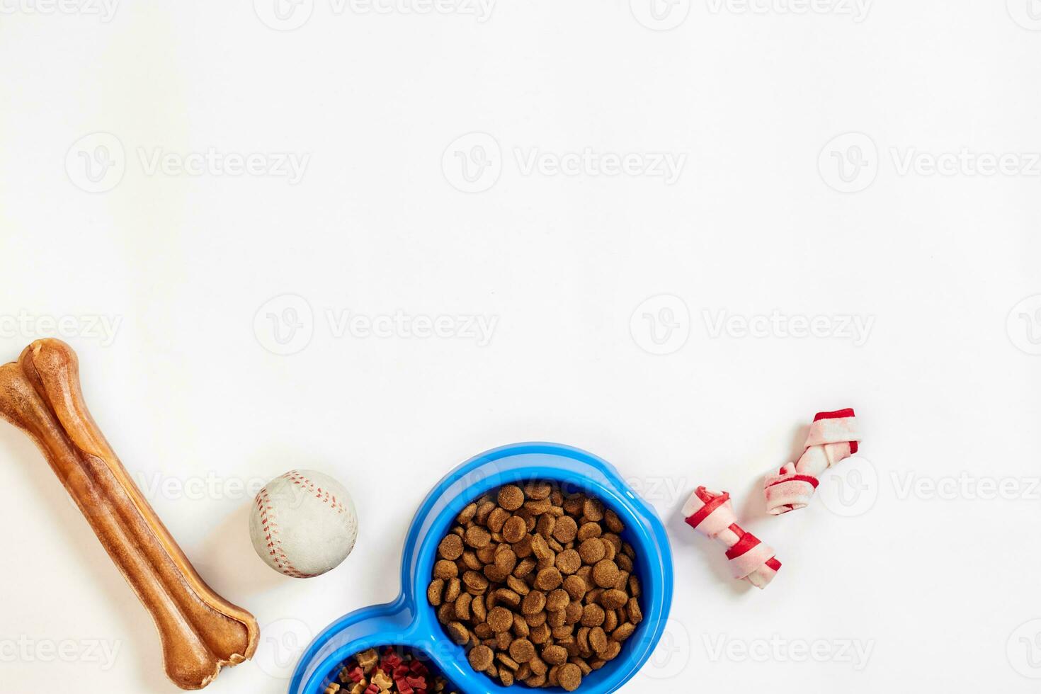 Dry pet food in bowl and toys for dogs on white background top view photo