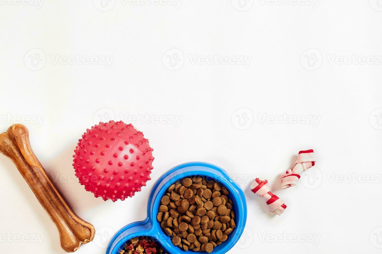 Dry pet food in bowl and toys for dogs on white background top view photo