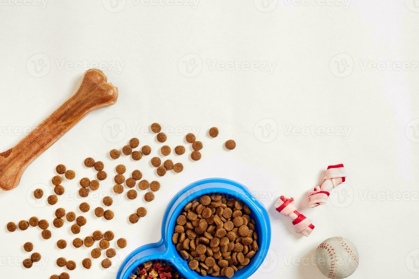 Dry pet food in bowl with a ball and dog bone on white background top view photo