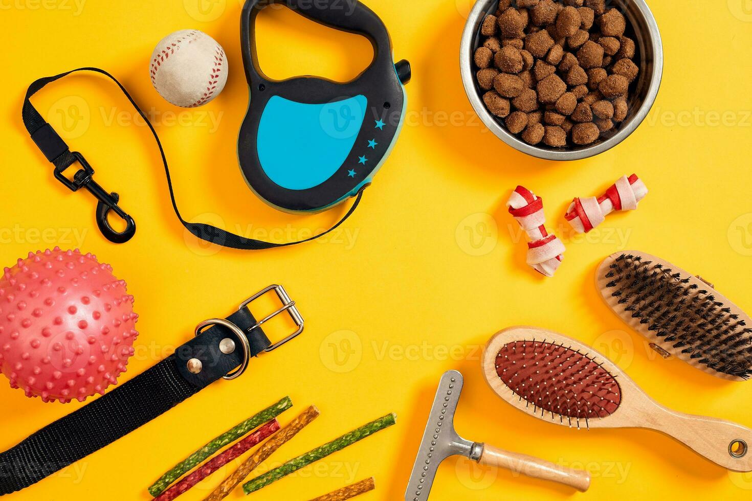 Dog accessories on yellow background. Top view. Pets and animals concept photo