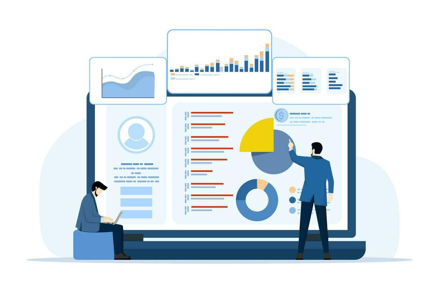 Concept of data charts, graphs and dashboards on laptop screen, SEO marketing advertising analysis, marketing analysis, market research, business analysis, financial reports and research. vector