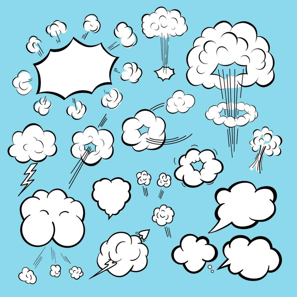 Set of cartoon clouds,explosions. Design elements for comics, merch and other graphic designs. vector
