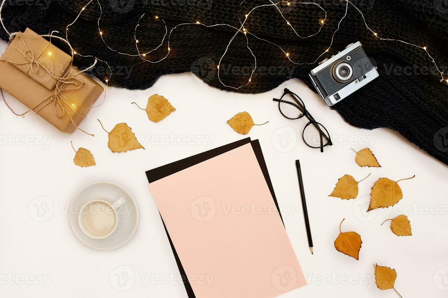 Romantic autumn mock up. Sheet of pink paper, yellow and orange leaves, pencils, cup of cappuccino and old camera.Top view. Flat lay. photo