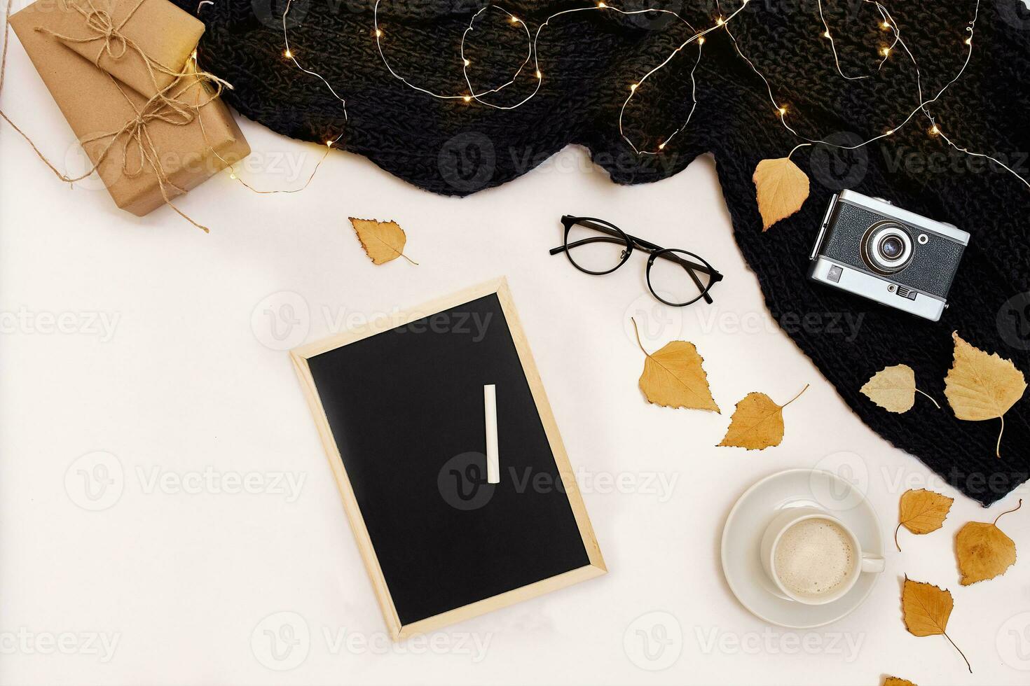 Autumn concept, dried fall leaves, mug of cocoa, old camera, scarf and wooden plank with blank screen. Mock up photo