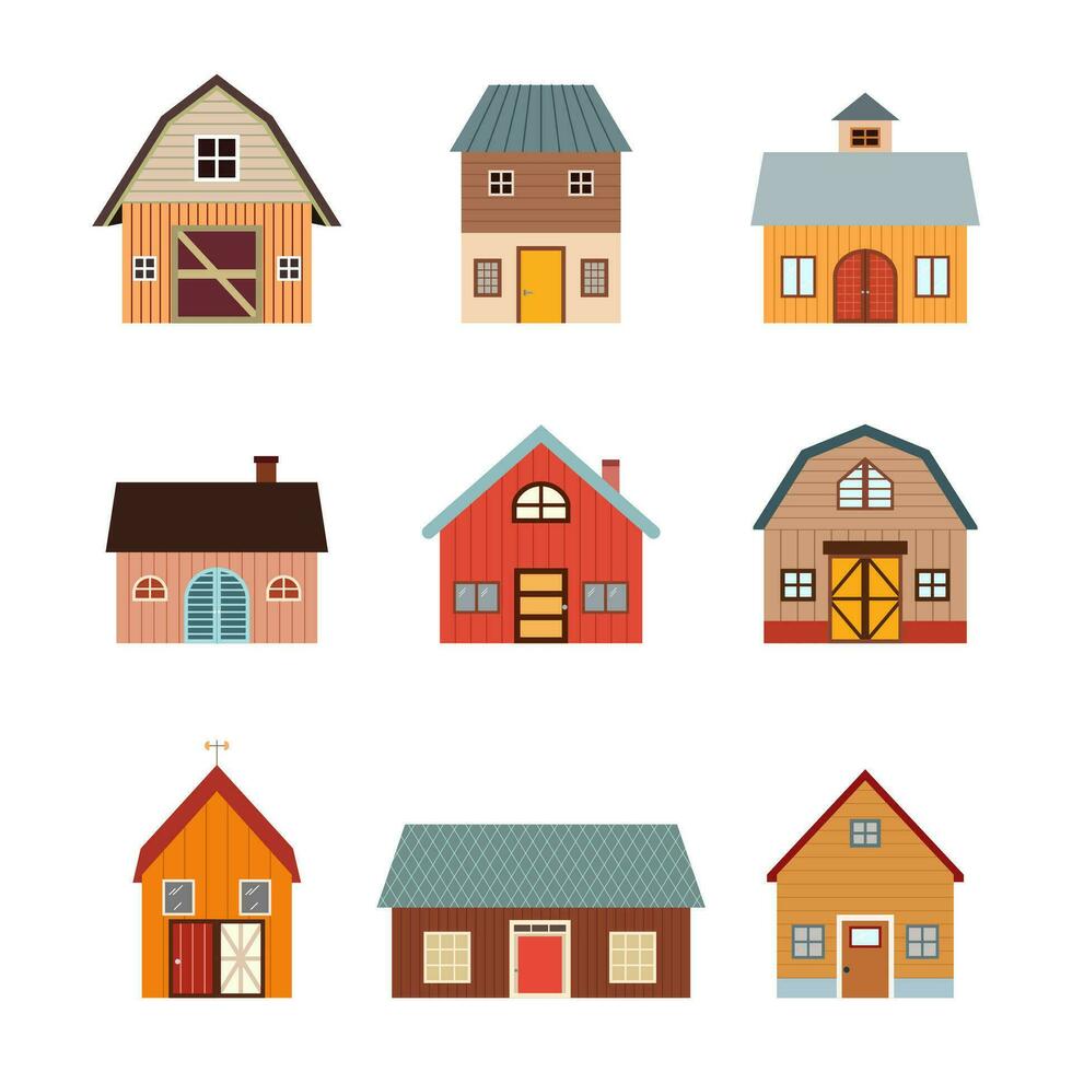 Rural icon collection with farm, barn, country house cute flat style illustration vector