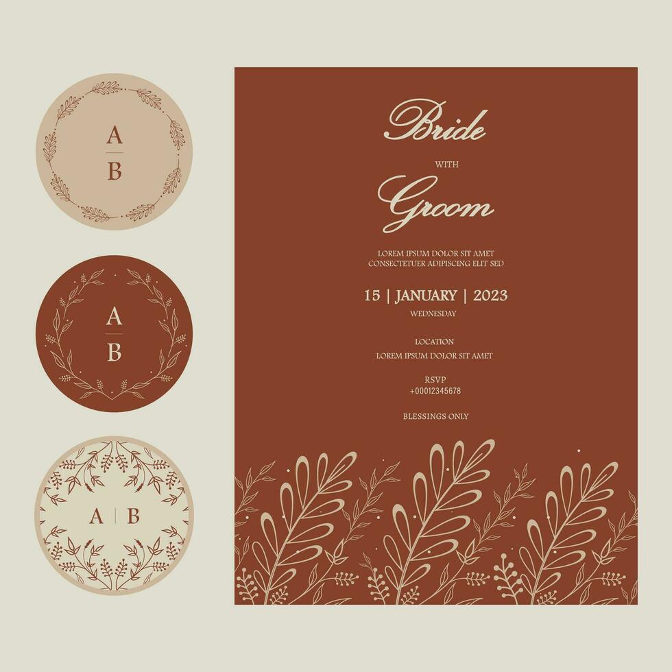 Vector ornate Wedding Invitation Card with Envelop Stickers. Floral round stickers, labels, tags, monogram with one Wedding card template in fall colors with place for texts