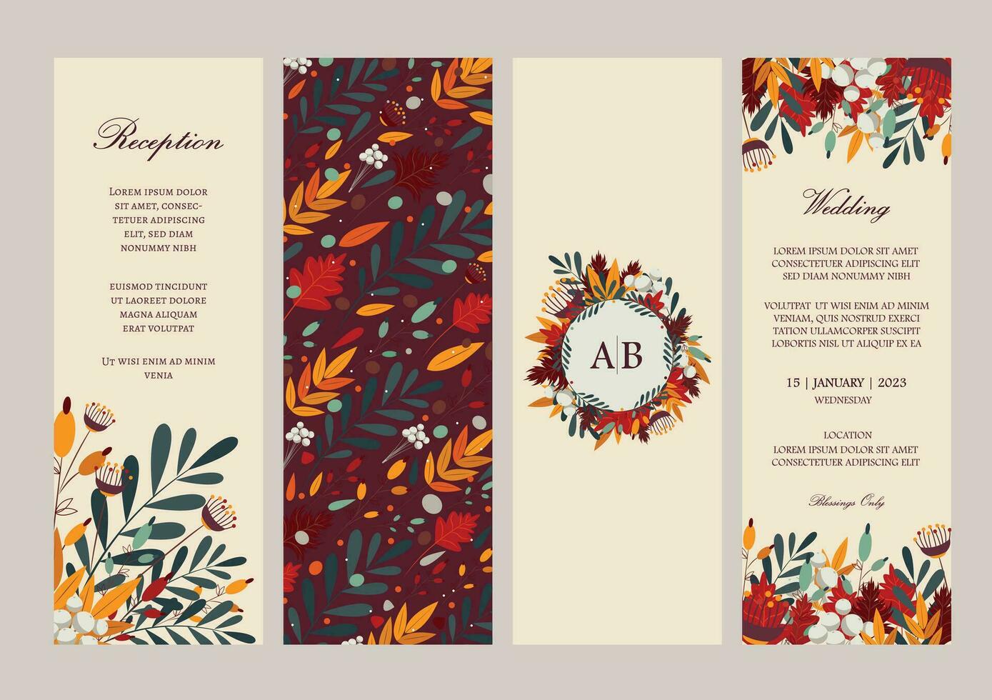 Vector ornate Wedding Invitation Cards in Fall colors. Set of 4 Fall themed Invitation Card template with floral ornaments and place for texts.