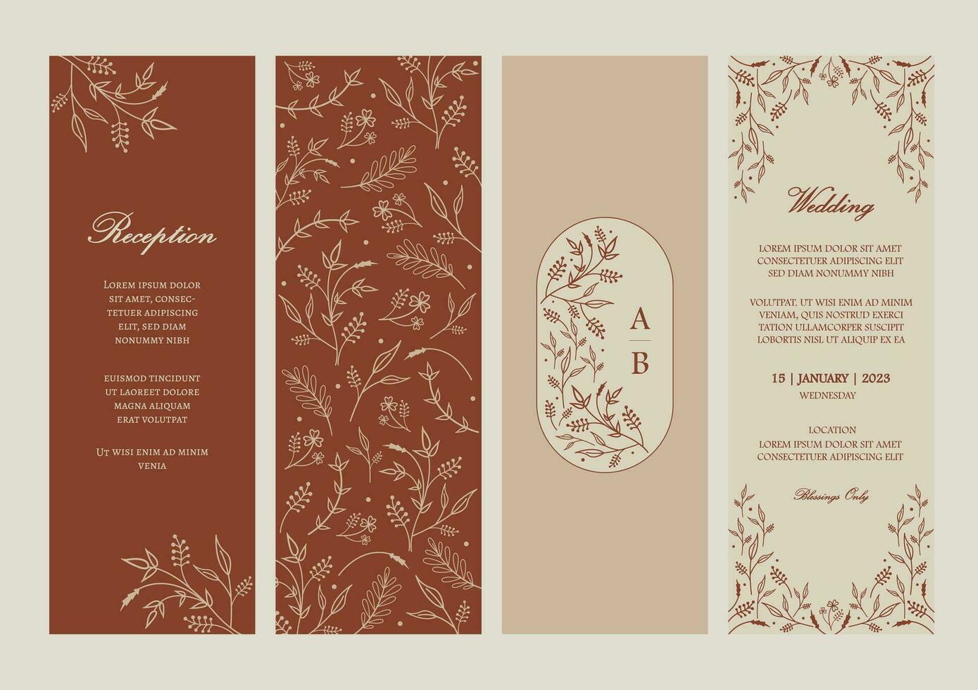 Vector ornate Wedding Invitation Cards in Fall colors. Set of 4 Fall themed Invitation Card template with floral ornaments and place for texts.