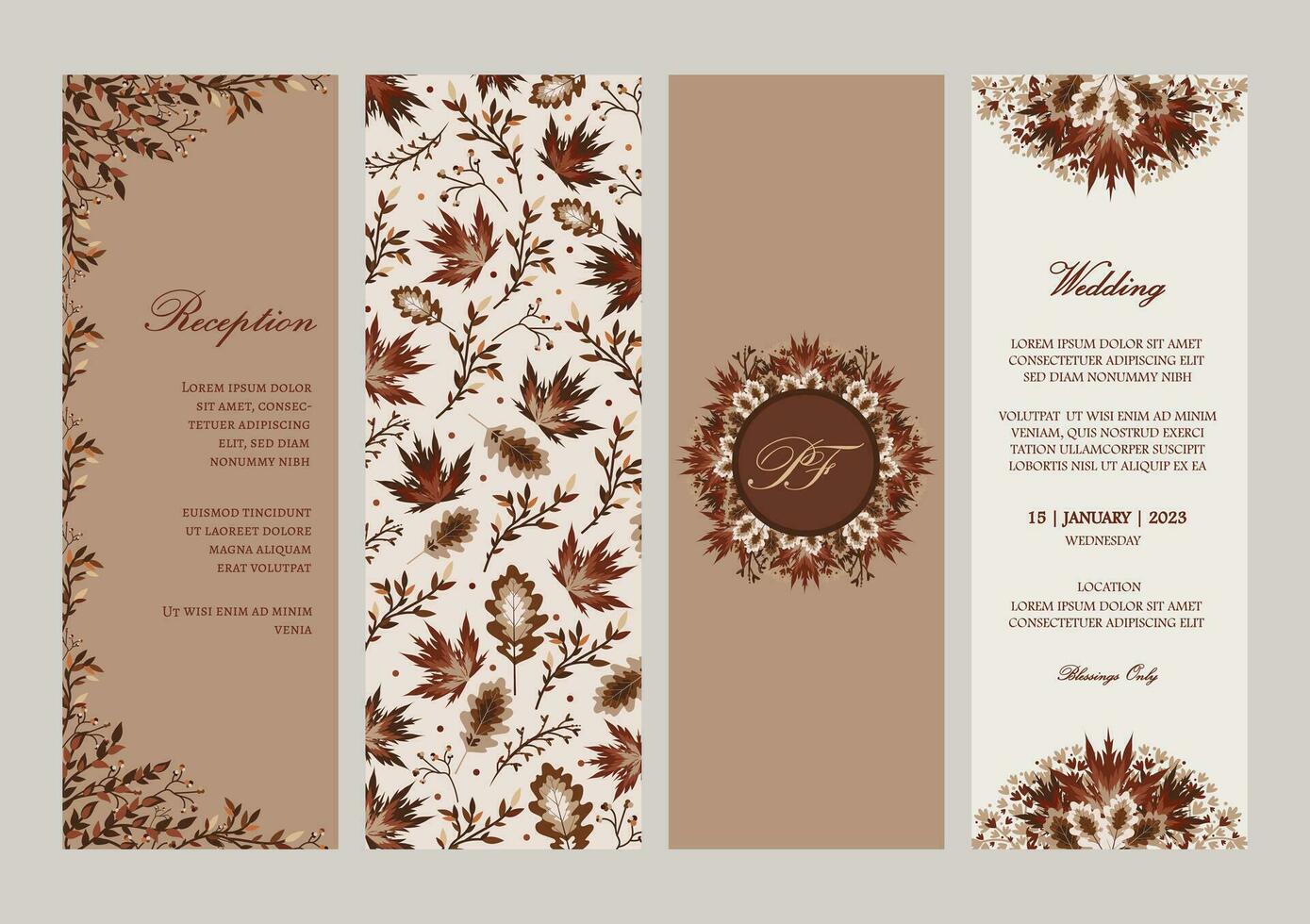 Vector ornate Wedding Invitation Cards in Fall colors. Set of 4 Fall themed Invitation Card template with floral ornaments and place for texts.