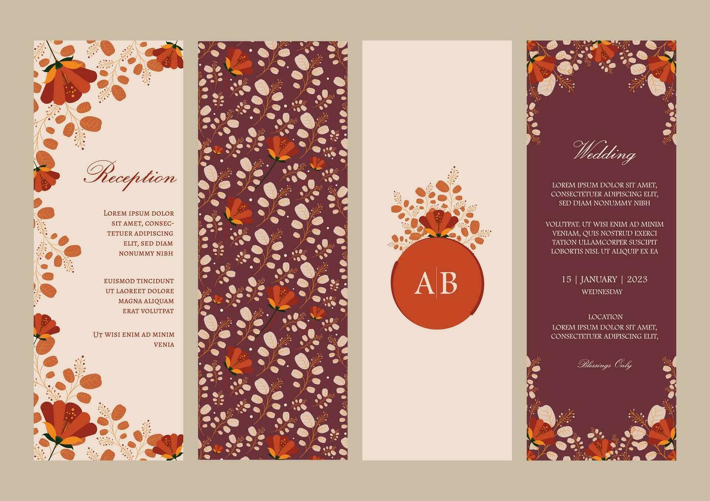 Vector ornate Wedding Invitation Cards in Fall colors. Set of 4 Fall themed Invitation Card template with floral ornaments and place for texts.