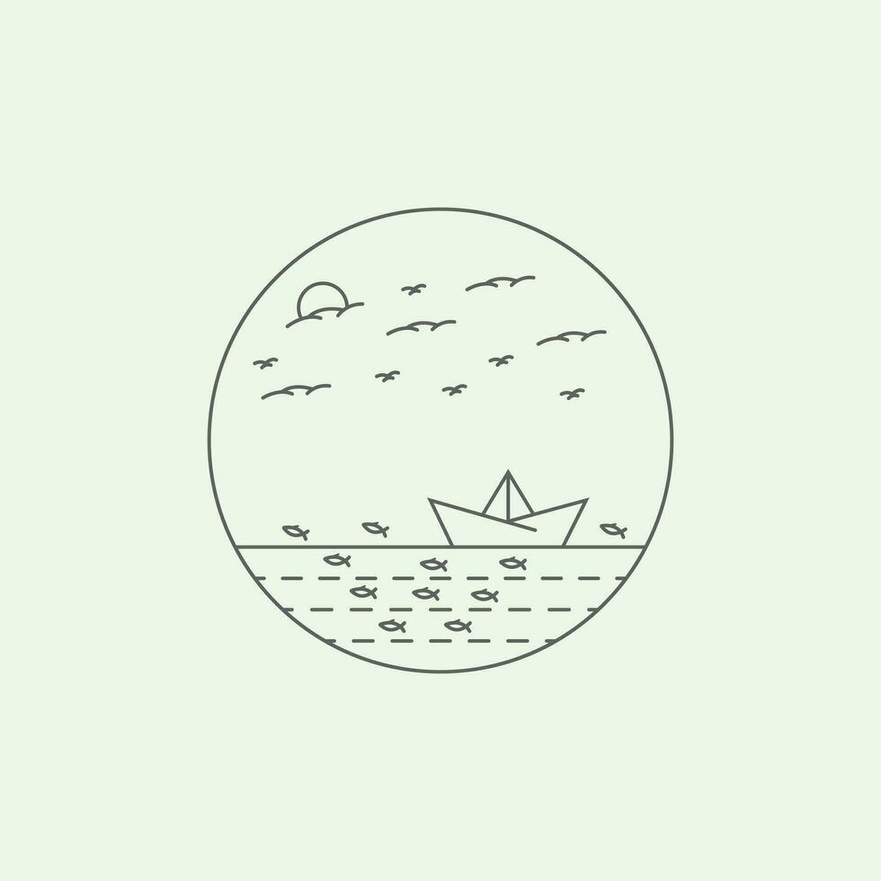 nature ocean waves fish icon minimalist illustration line art monoline design vector