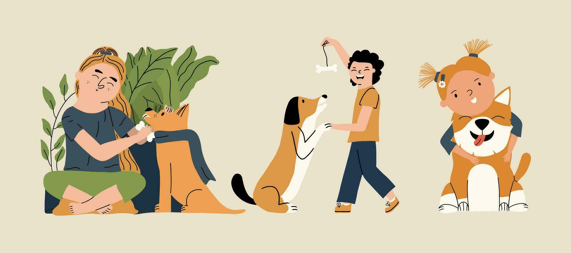 Children play with dogs. Boy and girl with pets. Hand draw illustration vector