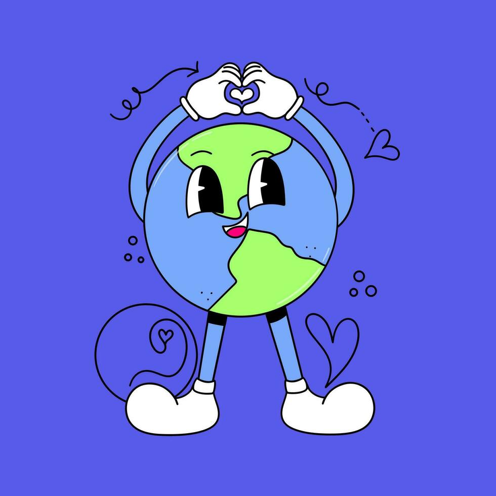 Retro cartoon planet. The concept of caring for the environment, the Earth. Vector illustration
