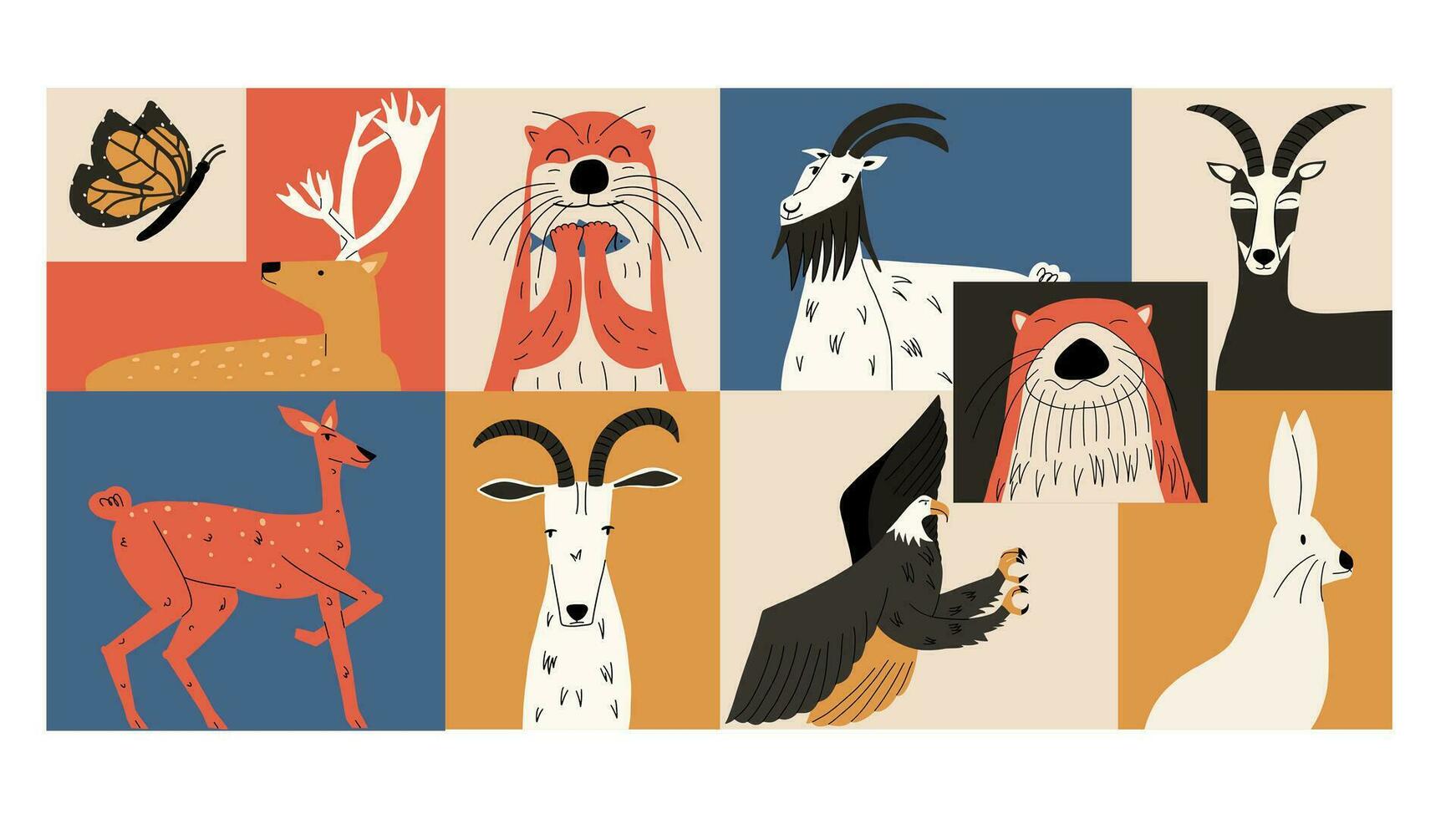 Wild animals set.  Biodiversity concept. Otter, hare, wild goats, bald eagle, deer.   Hand draw vector illustration