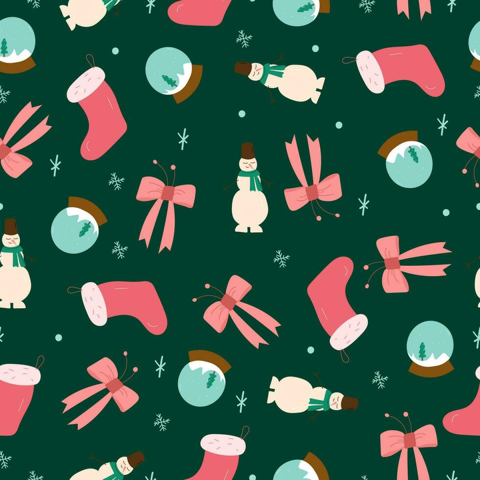 Christmas seamless pattern with snowmen, bows, gift socks and snow glass balls on a green background vector