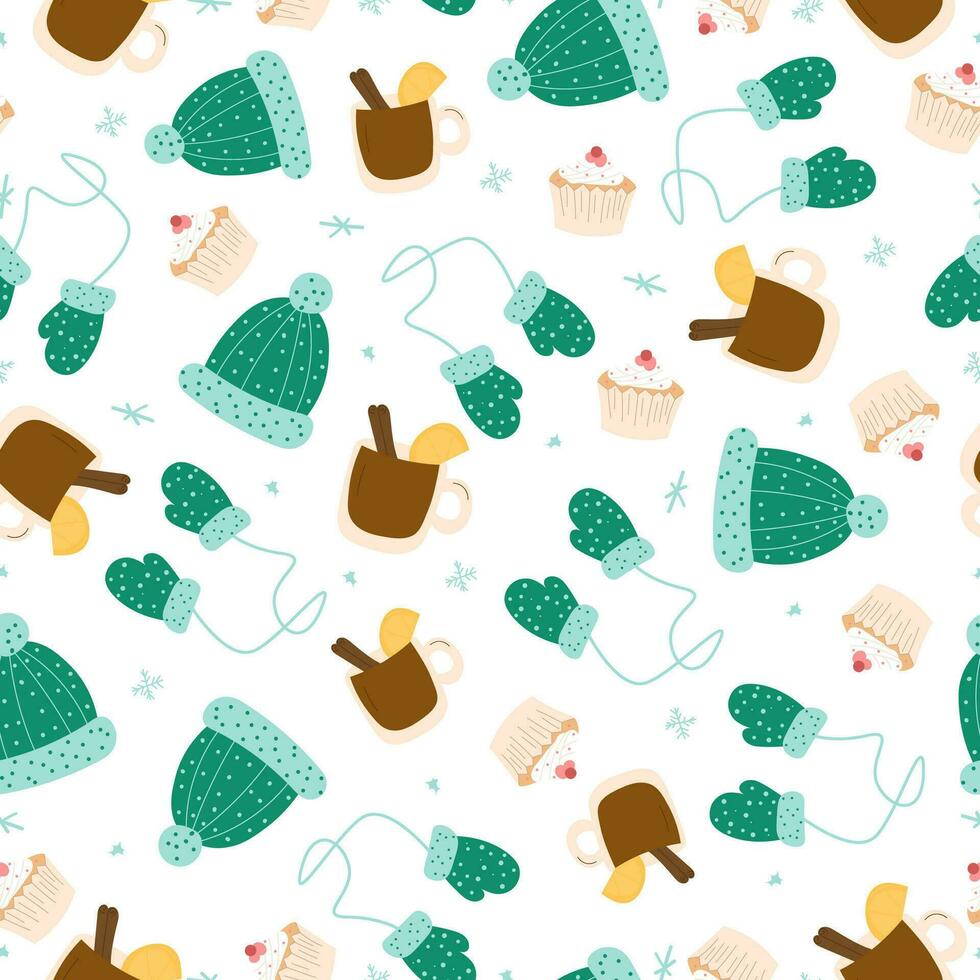 Winter seamless pattern with hats, mittens, mulled wine and muffins on a white background. vector