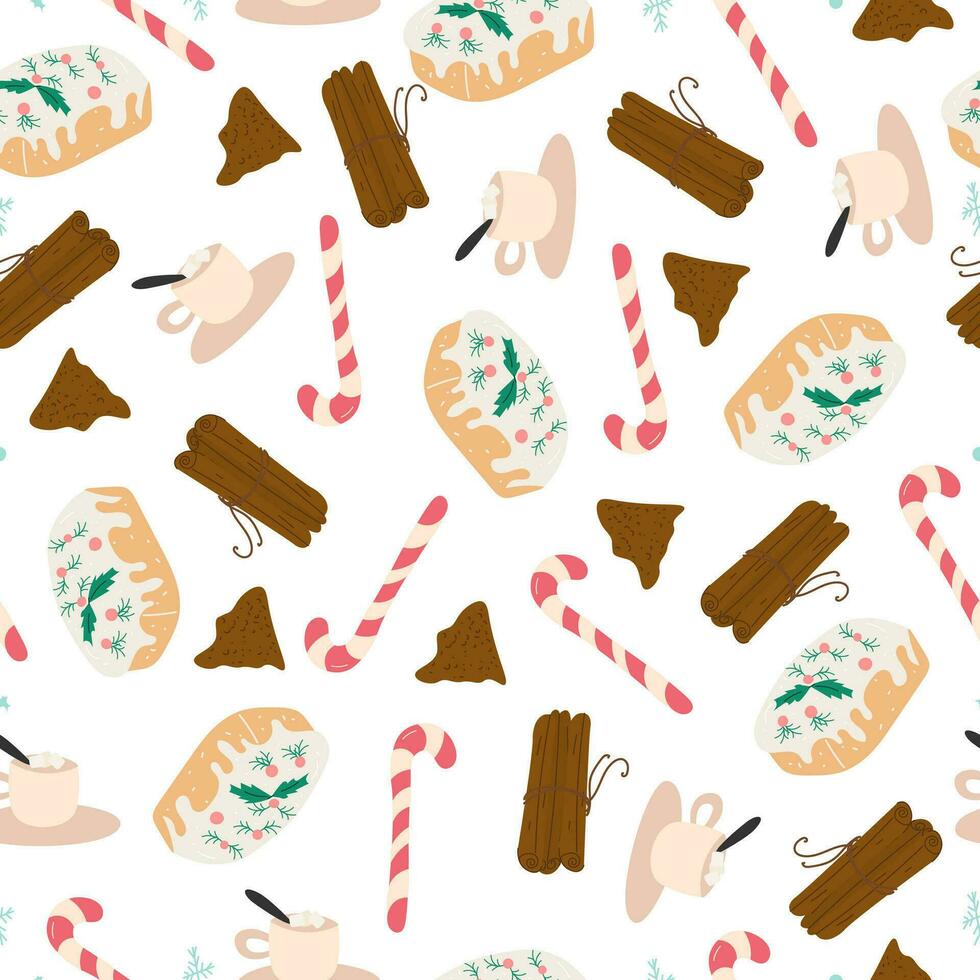Christmas seamless pattern with Christmas cupcakes, candy, cinnamon and marshmallow drink on white background vector