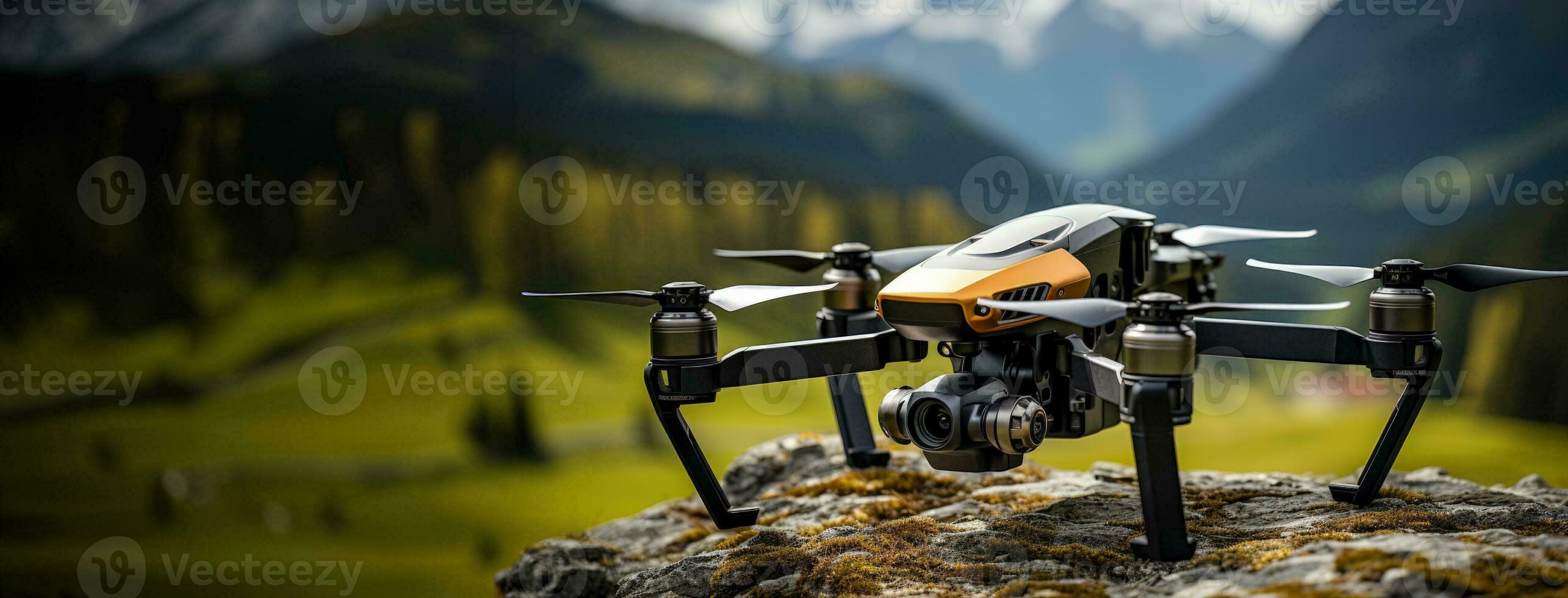 Thermal imaging drone over alpine terrain background with empty space for text photo