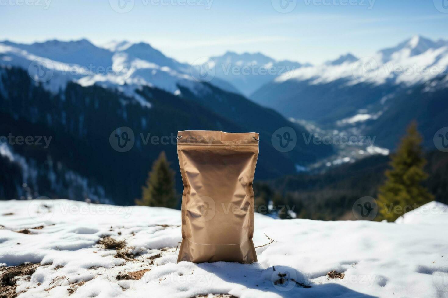 Survival food ration against snowy alpine landscape background with empty space for text photo