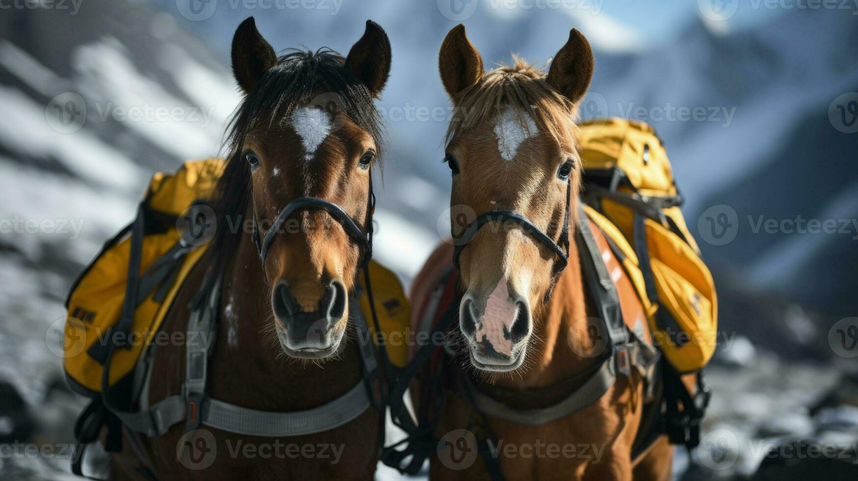 SAR ponies on alpine rescue mission background with empty space for text photo