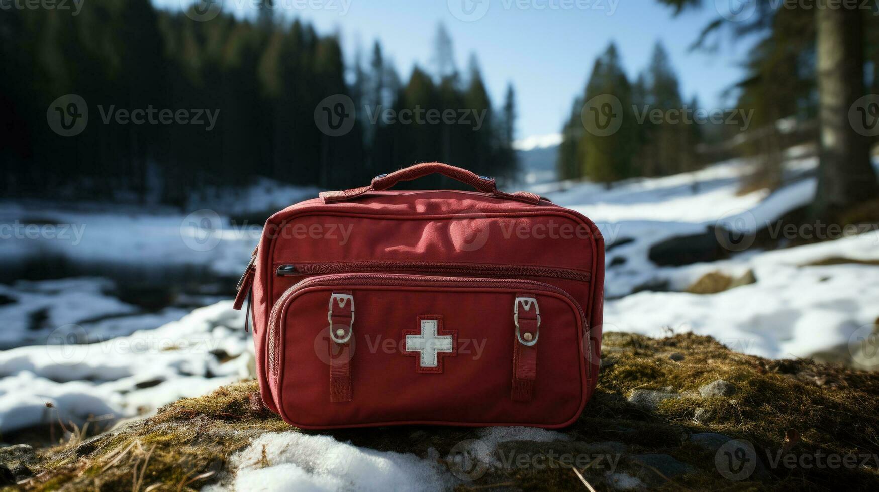 First aid kit in frosty alpine setting background with empty space for text photo