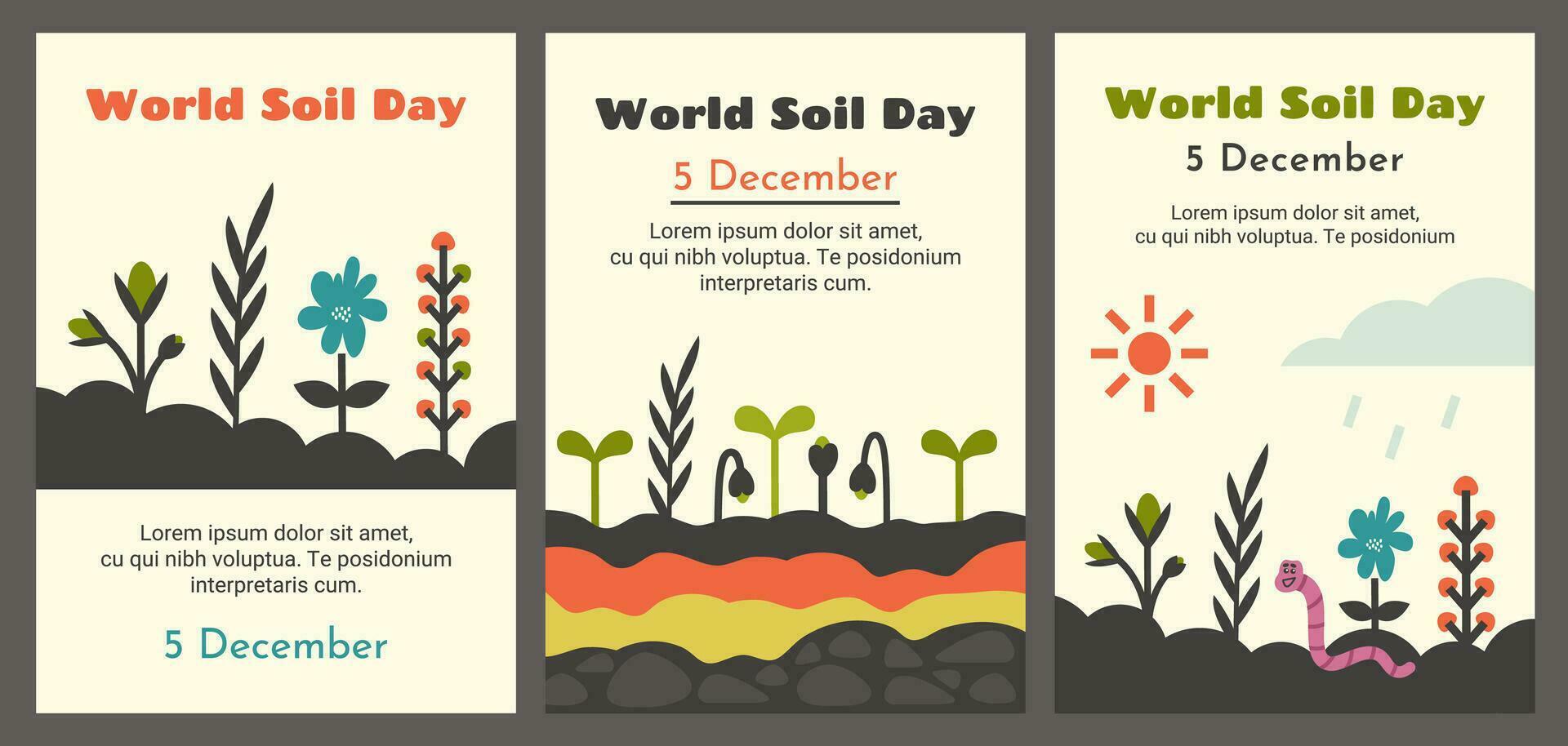 Set of environmental protection flyers, posters. World soil day. Colorful cartoon plants, flowers, cute pink earthworm crawling in ground and cleaning soil. Different Ground cross sections. Vector