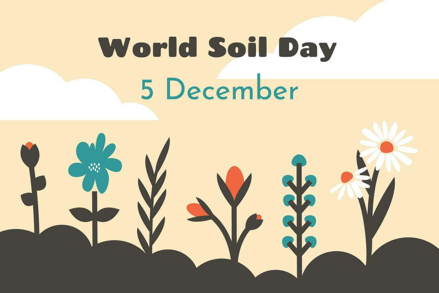 World soil day banner. Colorful cartoon plants, flowers, fresh grass. Soil fertility and Environment protection concept. Vector flat illustration for banner, poster, print