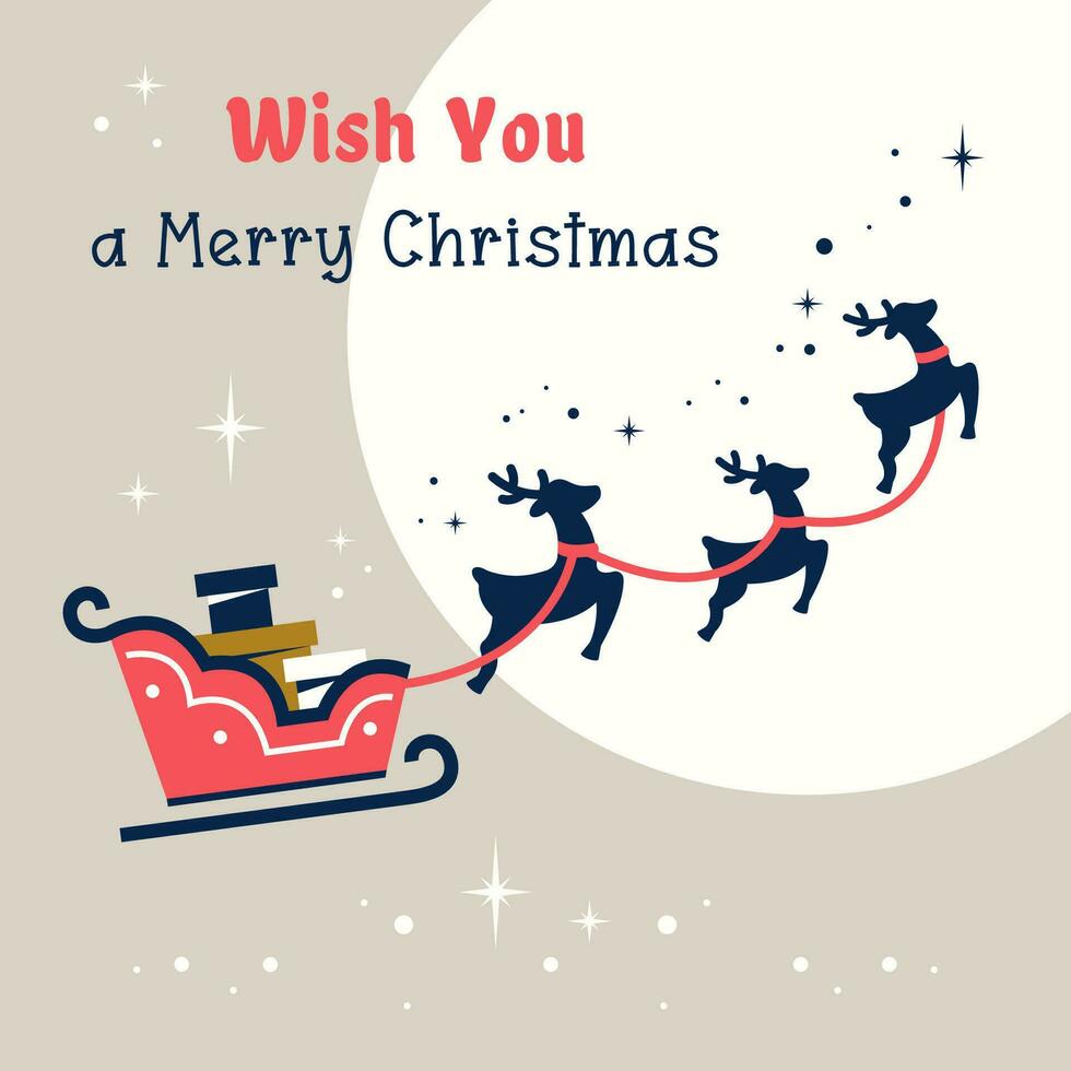 Merry Christmas card with text. Delivery Gift boxes by Traditional sleigh and reindeers. Festive winter mood. Vector flat illustration for print, invitations,web, poster in simple flat style