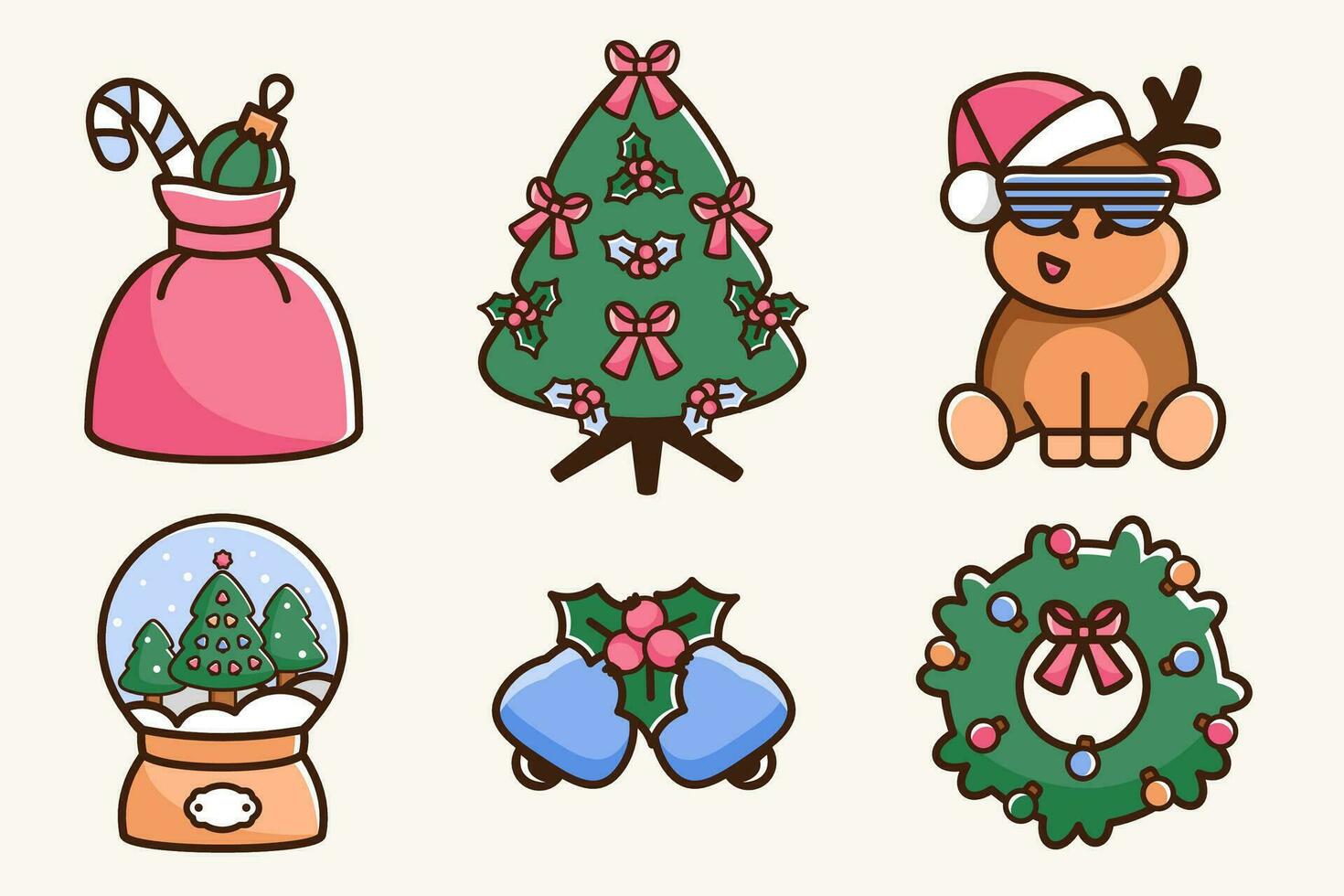 Christmas icons. Set of New Year color line Doodle icons. Cute reindeer in santa hat and retro glasses, Christmas tree. Festive snow ball, jingle bells. Vector illustration for stickers, web, print