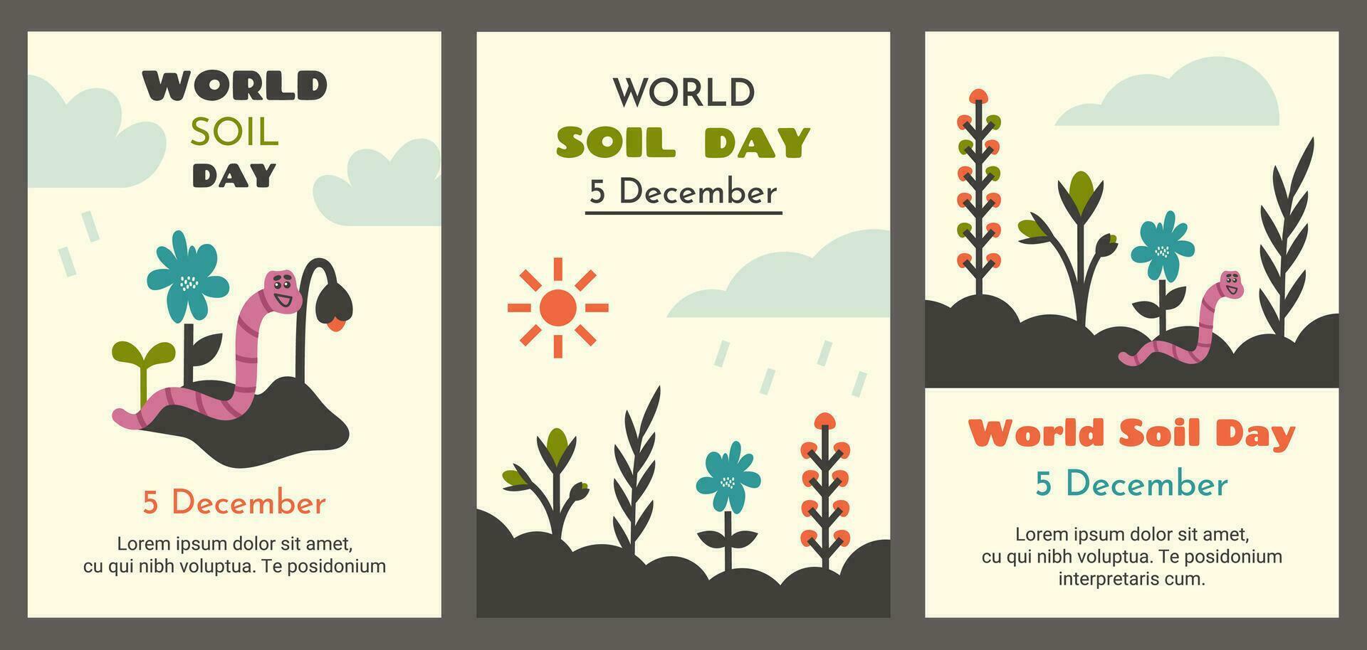 World soil day. Set of environmental protection flyers, posters. Colorful cartoon plants, flowers, cute pink earthworm crawling in ground and cleaning soil. Vector illustration for banner, poster