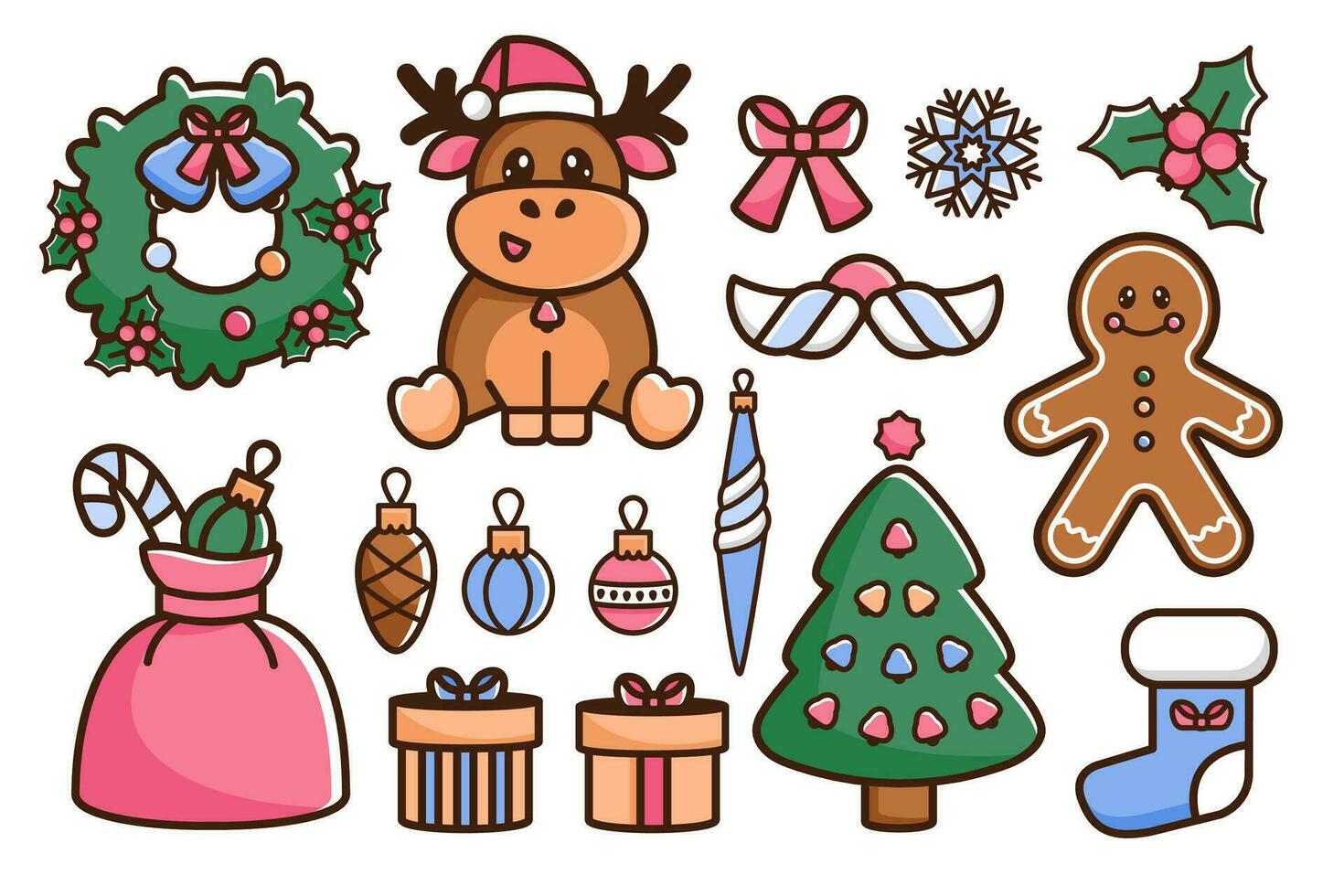 Christmas line icon set. Color linear Doodle icons isolated. Cute reindeer in santa hat, Christmas tree, wreath with jingle bells, holly, biscuit, presents. Vector illustration for winter holiday