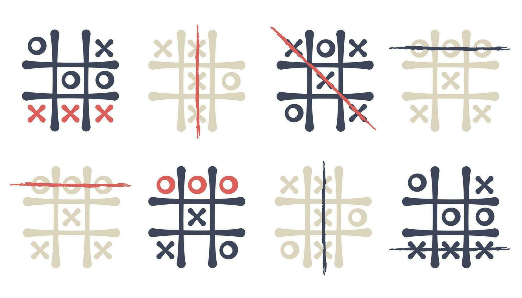 Classic child's play of tic tac toe. Set of Hand drawn outline templates famous exciting game. Cross, zero, lines. Competition concept,  puzzle, business. Vector illustration