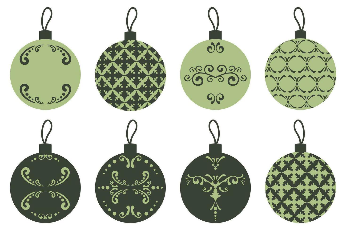 Set of hand drawn green Christmas balls isolated. Vintage Christmas toys for Christmas tree. Holiday element with luxury elegant ornament. Vector flat illustration for greeting card, invitations