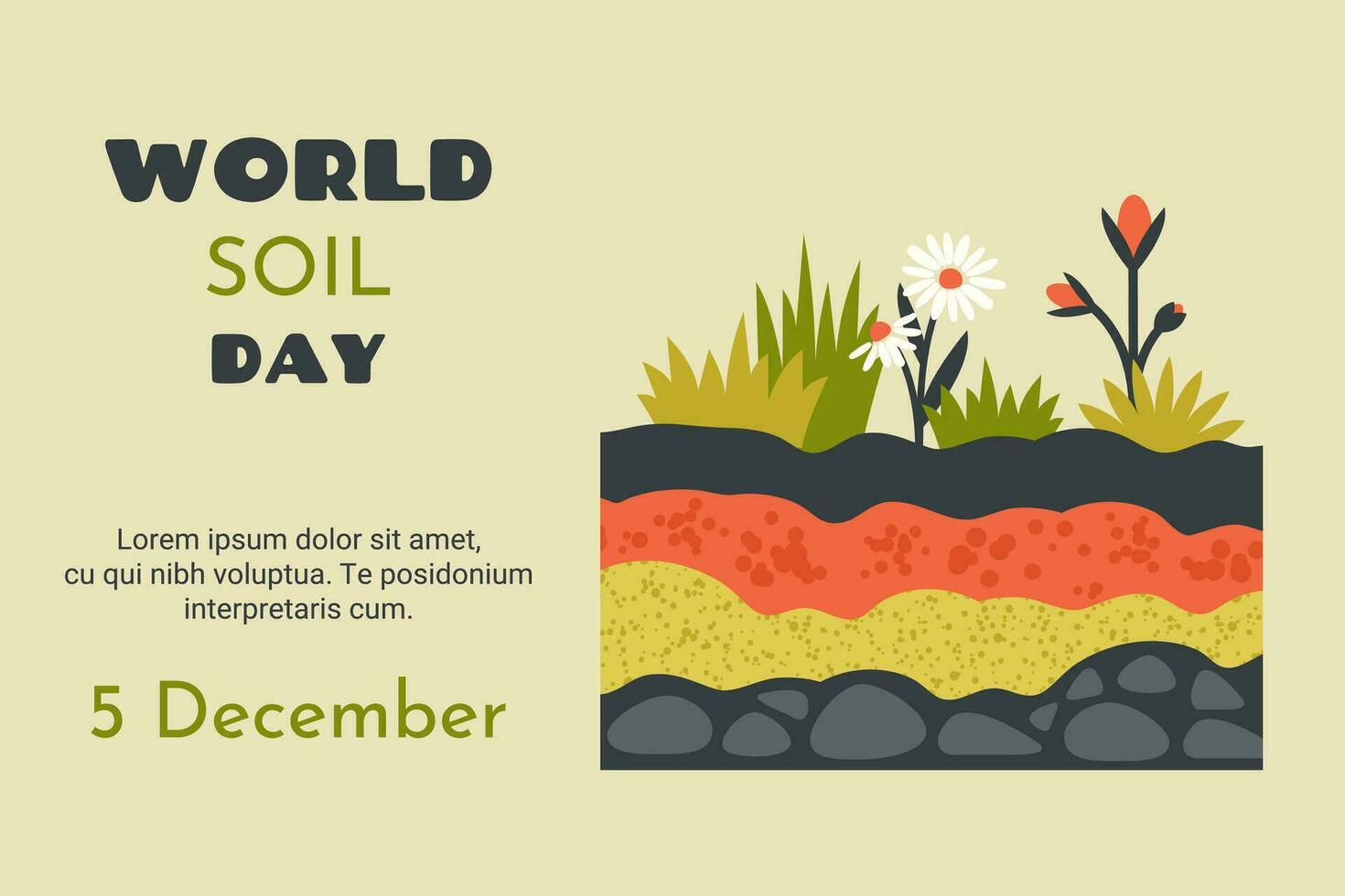 World soil day. Various ground cross layers. Natural soil, sand, stony soil, clay, underground, plants, flowers. Environment protection concept. Vector cartoon flat illustration for banner, poster