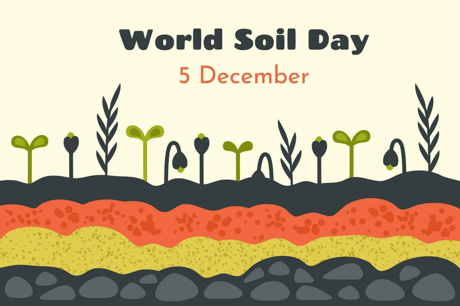 World soil day. Different Ground cross sections. Natural soil, sand, clay, stones, plants, flowers. Soil and Environment protection concept. Vector cartoon flat illustration for banner, poster