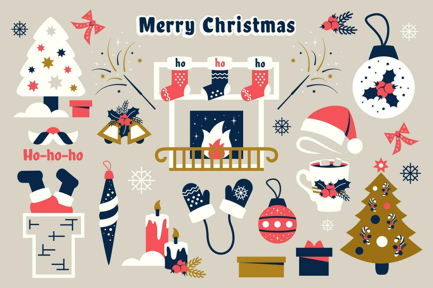 Set of Christmas decorations. Modern festive elements with fur tree branches, presents, jingle bells, Santa hat, fireplace, candy cane, Christmas socks, mustache, chimney, cup of hot cocoa. Vector