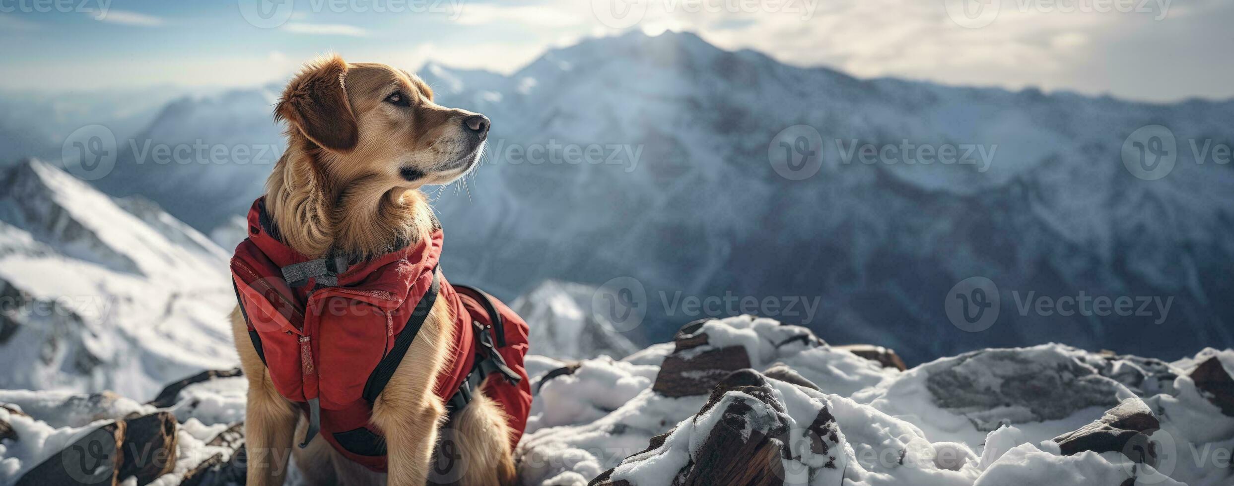 Rescue dog sniffing in snow for avalanche victims background with empty space for text photo