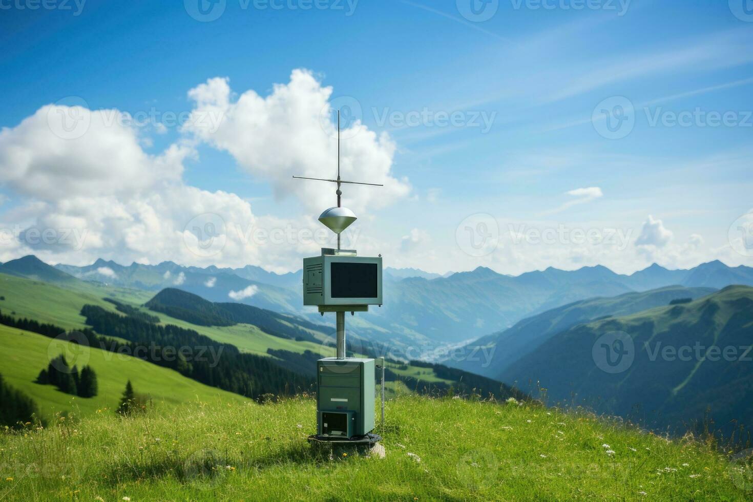 Weather station equipment in alpine region background with empty space for text photo